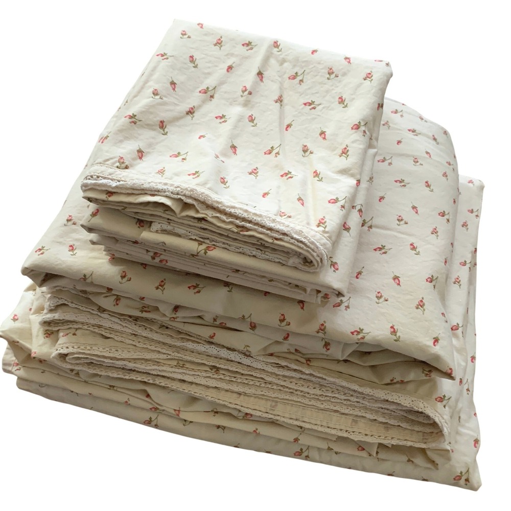 RALPH LAUREN Rosebud w Lace King Sheet Set 6 Pieces Made in Italy Cottage EUC